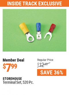 Harbor Freight ITC Coupon STOREHOUSE TERMINAL SET, 520 PC Lot No. 67686 Expired: 5/31/21 - $7.99