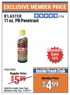 Harbor Freight ITC Coupon B'LASTER 11OZ PB PENETRANT Lot No. 56826 Expired: 1/28/21 - $4.99