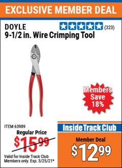 Harbor Freight ITC Coupon DOYLE 9-1/2 IN. WIRE CRIMPING TOOL Lot No. 63989 Expired: 3/25/21 - $12.99