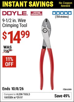 Harbor Freight Coupon DOYLE 9-1/2 IN. WIRE CRIMPING TOOL Lot No. 63989 Valid Thru: 10/8/26 - $14.99