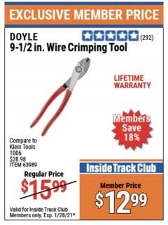 Harbor Freight ITC Coupon DOYLE 9-1/2 IN. WIRE CRIMPING TOOL Lot No. 63989 Expired: 1/28/21 - $12.99