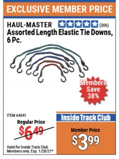 Harbor Freight ITC Coupon HUAL-MASTER ASSORTED ELASTIC TIE DOWNS 6 PC Lot No. 64041 Expired: 1/28/21 - $3.99