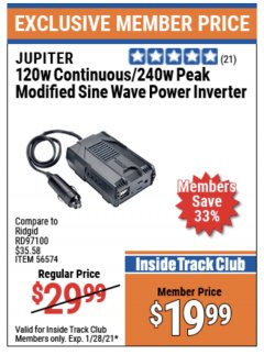 Harbor Freight ITC Coupon JUPITER 120 WATT CONTINUOUS/240 WATT PEAK MODIFIED SINE WAVE POWER INVERTER Lot No. 56574 Expired: 1/28/21 - $19.99