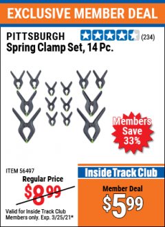 Harbor Freight ITC Coupon PITTSBURG SPRING CLAMP SET, 14PC Lot No. 56497 Expired: 3/25/21 - $5.99