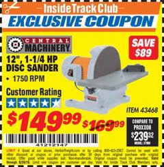 Harbor Freight ITC Coupon 12" DIRECT DRIVE BENCH TOP DISC SANDER Lot No. 43468 Expired: 6/30/18 - $149.99