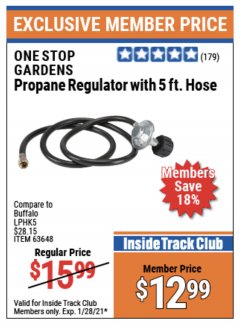 Harbor Freight ITC Coupon PROPANE REGULATOR WITH5 FT. HOSE Lot No. 63648 Expired: 1/28/21 - $12.99
