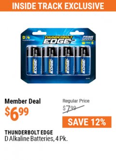Harbor Freight ITC Coupon THUNDERBOLT EDGE D ALKALINE BATTERIES, 4 PK. Lot No. 64491 Expired: 5/31/21 - $6.99