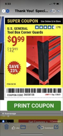 Harbor Freight Coupon U.S. GENERAL TOOL BOX CORNER GUARDS Lot No. 56199 Expired: 1/20/21 - $9.99