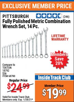 Harbor Freight ITC Coupon PITTSBURGH FULLY POLISHED METRIC COMBINATION WRENCH SET 14 PIECE Lot No. 68790 Expired: 1/28/21 - $19.99