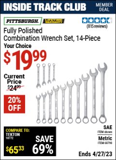 Harbor Freight ITC Coupon PITTSBURGH FULLY POLISHED METRIC COMBINATION WRENCH SET 14 PIECE Lot No. 68790 Expired: 4/27/23 - $19.99