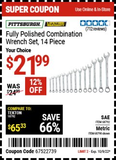 Harbor Freight Coupon PITTSBURGH FULLY POLISHED METRIC COMBINATION WRENCH SET 14 PIECE Lot No. 68790 Expired: 10/13/22 - $21.99