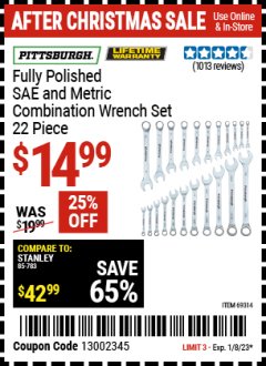Harbor Freight Coupon PITTSBURGH FULLY POLISHED METRIC COMBINATION WRENCH SET 14 PIECE Lot No. 68790 Expired: 1/8/23 - $14.99