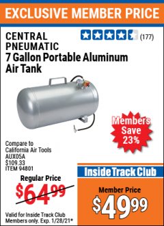 Harbor Freight ITC Coupon CENTRAL PNEUMATIC 7 GALLON ALUMINUM PORTABLE AIR TANK Lot No. 94801 Expired: 1/28/21 - $49.99