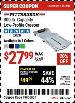 Harbor Freight Coupon 40 IN., 300LB. CAPACITY LOW-PROFILE CREEPERS Lot No. 57311 57312 57310 63372 63371 Expired: 4/7/22 - $27.99