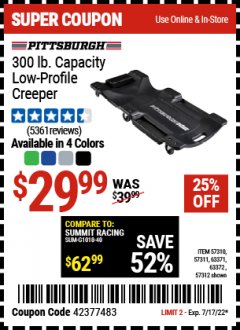 Harbor Freight Coupon 40 IN., 300LB. CAPACITY LOW-PROFILE CREEPERS Lot No. 57311 57312 57310 63372 63371 Expired: 7/17/22 - $29.99