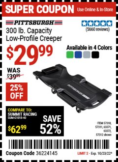 Harbor Freight Coupon 40 IN., 300LB. CAPACITY LOW-PROFILE CREEPERS Lot No. 57311 57312 57310 63372 63371 Expired: 10/23/22 - $29.99