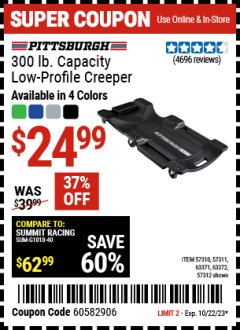 Harbor Freight Coupon 40 IN., 300LB. CAPACITY LOW-PROFILE CREEPERS Lot No. 57311 57312 57310 63372 63371 Expired: 10/22/23 - $24.99
