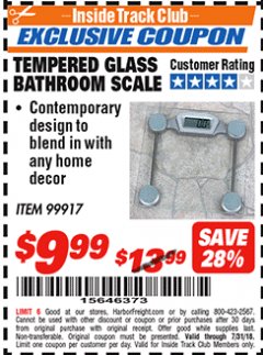 Harbor Freight ITC Coupon TEMPERED GLASS BATHROOM SCALE Lot No. 99917 Expired: 7/31/18 - $9.99