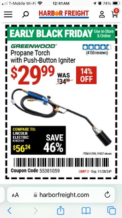 Harbor Freight Coupon GREENWOOD PROPANE TORCH WITH PUSH BUTTON IGNITER Lot No. 61595/57062/91037 Expired: 11/28/24 - $29.99