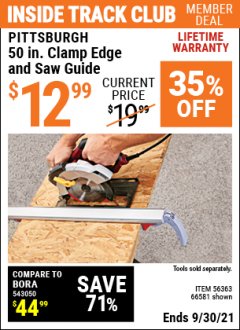 Harbor Freight ITC Coupon PITTSBURGH 50" CLAMP EDGE AND SAW GUIDE Lot No. 56363/66581 Expired: 9/30/21 - $12.99