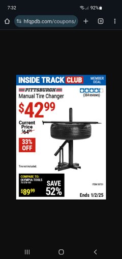 Harbor Freight ITC Coupon PITTSBURGH AUTOMOTIVE MANUAL TIRE CHANGER Lot No. 62317/69686 Expired: 1/2/25 - $42.99