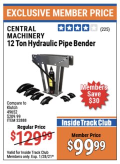 Harbor Freight ITC Coupon CENTRAL MACHINERY 12 TON HYDRAULIC PIPE BENDER Lot No. 32888 Expired: 1/28/21 - $99.99
