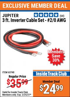 Harbor Freight ITC Coupon JUPITER 3 FT., 2/0 AWG INVERTER CABLE SET Lot No. 63748 Expired: 2/25/21 - $24.99