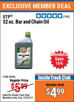 Harbor Freight ITC Coupon STP 32 OZ. BAR & CHAIN OIL Lot No. 56836 Expired: 2/25/21 - $4.99