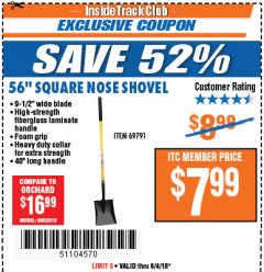 Harbor Freight ITC Coupon 56" SQUARE NOSE SHOVEL Lot No. 69791/3986 Expired: 9/4/18 - $7.99