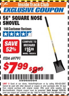 Harbor Freight ITC Coupon 56" SQUARE NOSE SHOVEL Lot No. 69791/3986 Expired: 12/31/18 - $7.99