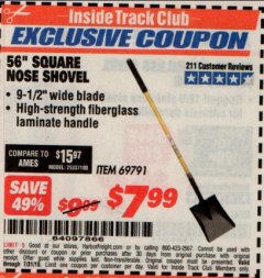 Harbor Freight ITC Coupon 56" SQUARE NOSE SHOVEL Lot No. 69791/3986 Expired: 7/31/19 - $7.99