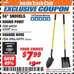 Harbor Freight ITC Coupon 56" SQUARE NOSE SHOVEL Lot No. 69791/3986 Expired: 1/31/20 - $7.99