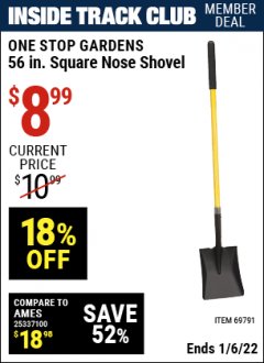 Harbor Freight ITC Coupon 56" SQUARE NOSE SHOVEL Lot No. 69791/3986 Expired: 1/6/22 - $8.99