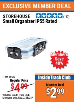 Harbor Freight ITC Coupon STOREHOUSE SMALL ORGANIZER IP55 RATED Lot No. 56610 Expired: 2/25/21 - $2.99