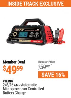 Harbor Freight ITC Coupon VIKING 2/8/15 AMP ATOMATIC MICROPROCESSOR CONTROLLED BATTERY CHARGER Lot No. 56796 Expired: 7/1/21 - $49.99