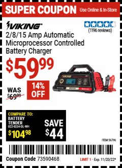 Harbor Freight Coupon VIKING 2/8/15 AMP ATOMATIC MICROPROCESSOR CONTROLLED BATTERY CHARGER Lot No. 56796 Expired: 11/20/22 - $59.99