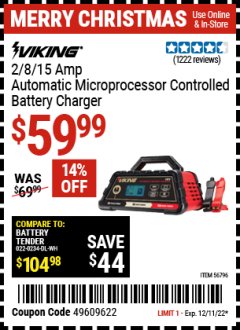 Harbor Freight Coupon VIKING 2/8/15 AMP ATOMATIC MICROPROCESSOR CONTROLLED BATTERY CHARGER Lot No. 56796 Expired: 12/11/22 - $59.99
