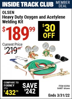 Harbor Freight ITC Coupon OLSEN HEAVY DUTY OXYGEN AND ACETYLENE WELDING KIT Lot No. 64407 Expired: 3/31/22 - $189.99
