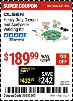 Harbor Freight Coupon OLSEN HEAVY DUTY OXYGEN AND ACETYLENE WELDING KIT Lot No. 64407 Expired: 7/4/22 - $189.99