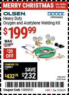 Harbor Freight Coupon OLSEN HEAVY DUTY OXYGEN AND ACETYLENE WELDING KIT Lot No. 64407 Expired: 12/26/22 - $199.99