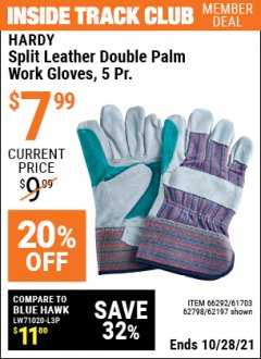 Harbor Freight ITC Coupon HARDY SPLIT LEATHER DOUBLE PALM WORK GLOVES, 5PK Lot No. 66292 Expired: 10/28/21 - $7.99