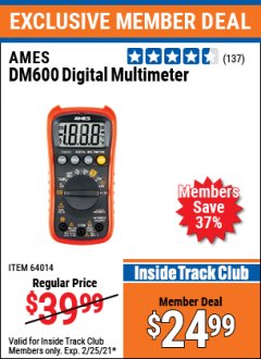 Harbor Freight ITC Coupon AMES DM600 DIGITAL MULTIMETER Lot No. 64014 Expired: 2/25/21 - $24.99