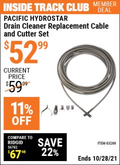 Harbor Freight ITC Coupon PACIFIC HYDROSTAR 54FT. DRAIN CLEANER REPLACEMENT CABLE AND CUTTER SET Lot No. 63269 Expired: 10/28/21 - $52.99