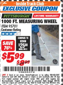 Harbor Freight ITC Coupon 1000 FT. MEASURING WHEEL Lot No. 95701 Expired: 5/31/18 - $5.99