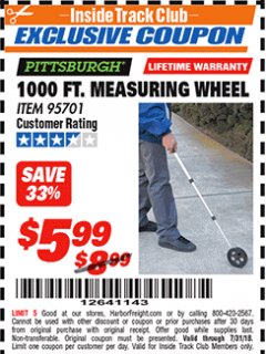 Harbor Freight ITC Coupon 1000 FT. MEASURING WHEEL Lot No. 95701 Expired: 7/31/18 - $5.99
