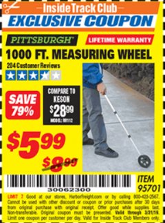 Harbor Freight ITC Coupon 1000 FT. MEASURING WHEEL Lot No. 95701 Expired: 3/31/19 - $5.99