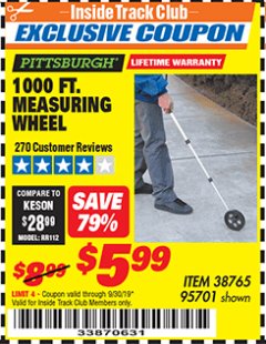 Harbor Freight ITC Coupon 1000 FT. MEASURING WHEEL Lot No. 95701 Expired: 9/30/19 - $5.99