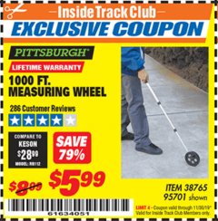 Harbor Freight ITC Coupon 1000 FT. MEASURING WHEEL Lot No. 95701 Expired: 11/30/19 - $5.99