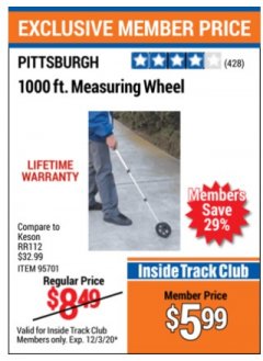 Harbor Freight ITC Coupon 1000 FT. MEASURING WHEEL Lot No. 95701 Expired: 12/3/20 - $5.99