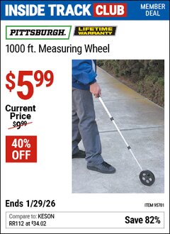 Harbor Freight ITC Coupon PITTSBURGH 1000 FT. MEASURING WHEEL Lot No. 95701 Valid Thru: 1/29/26 - $5.99